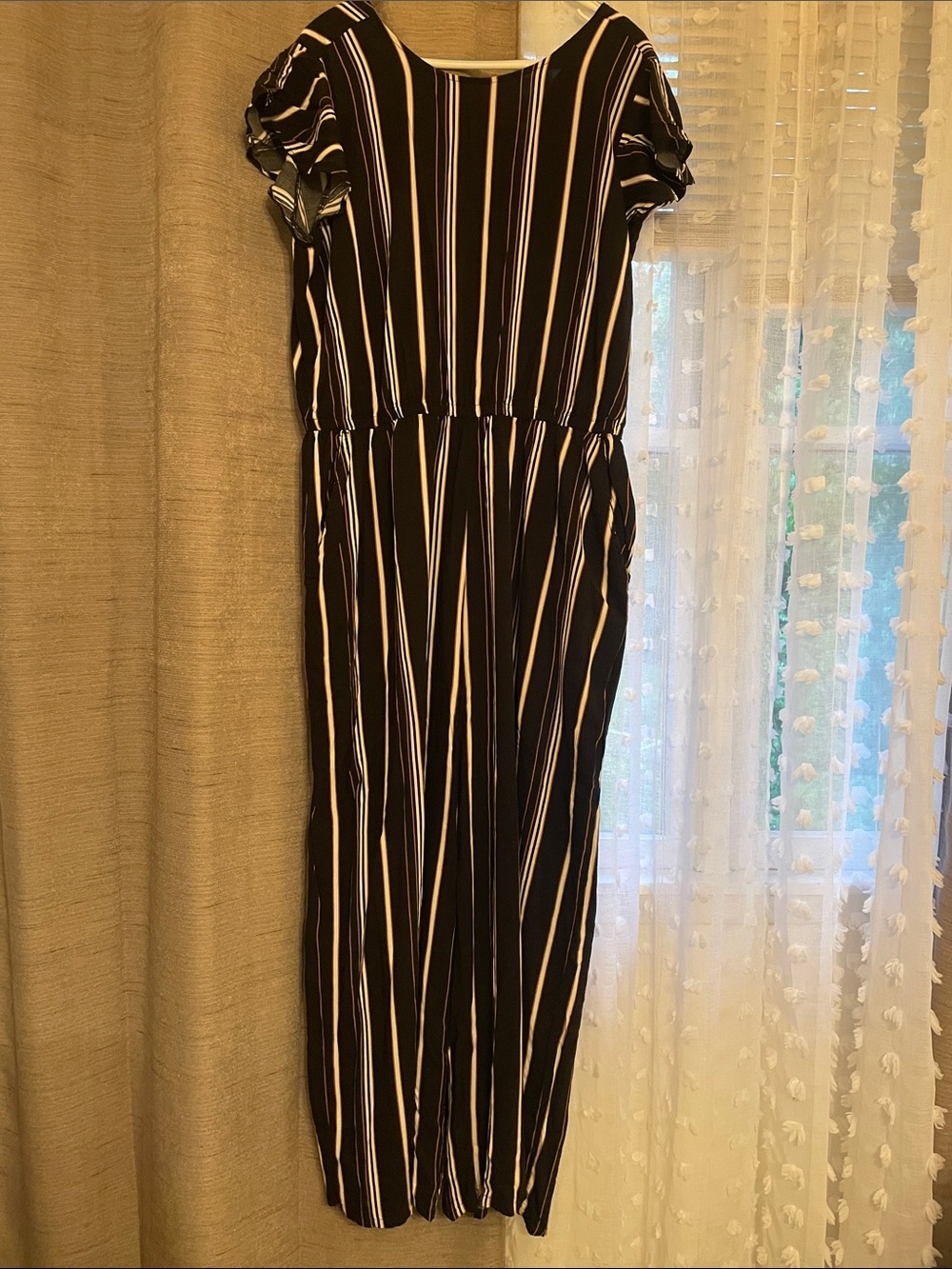 Black and White Vertical Stripe Wrap Jumpsuit